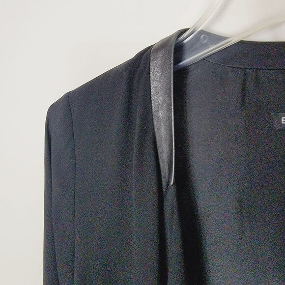 Eileen Fisher 100% Silk Chiffon Drape Front Blazer Leather Trim Black Small - Picture 2 of 12